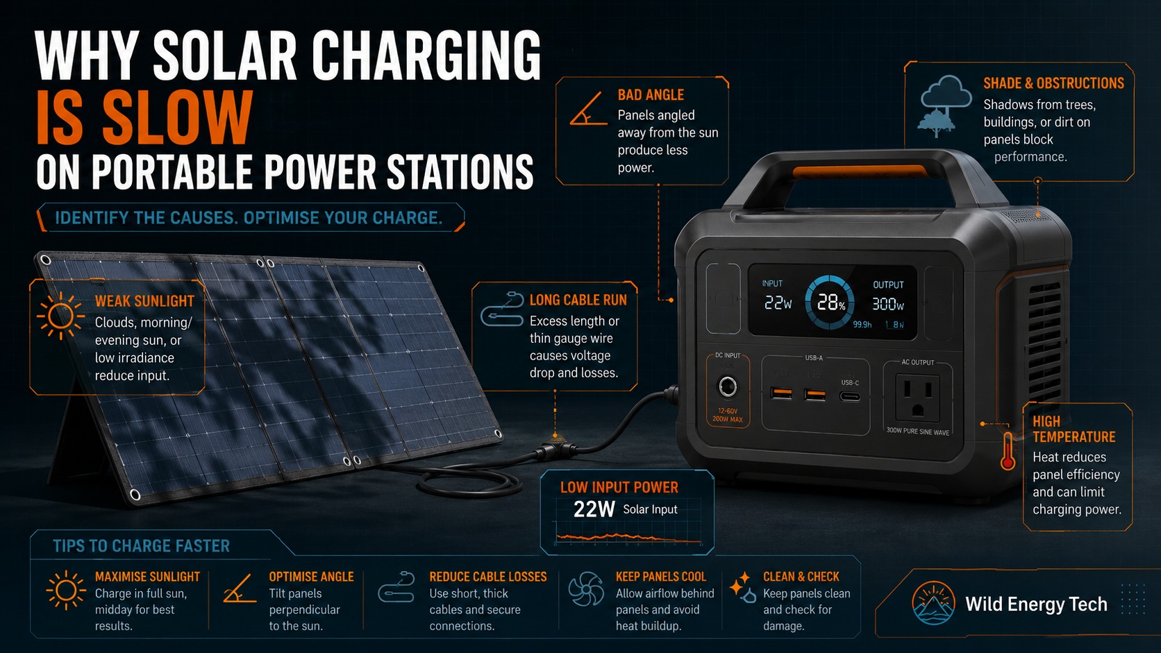 Why solar charging is slow on portable power stations showing weak sunlight, bad angle, long cable run, shade and temperature causes