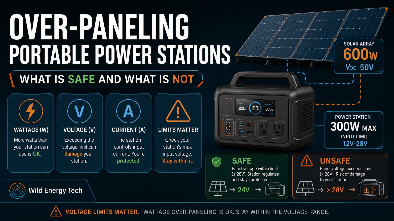 Over-paneling portable power stations guide showing safe and unsafe solar panel voltage and wattage limits