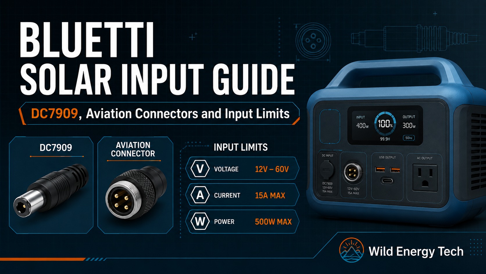 Bluetti solar input guide showing DC7909, aviation connectors and input limits for portable power stations