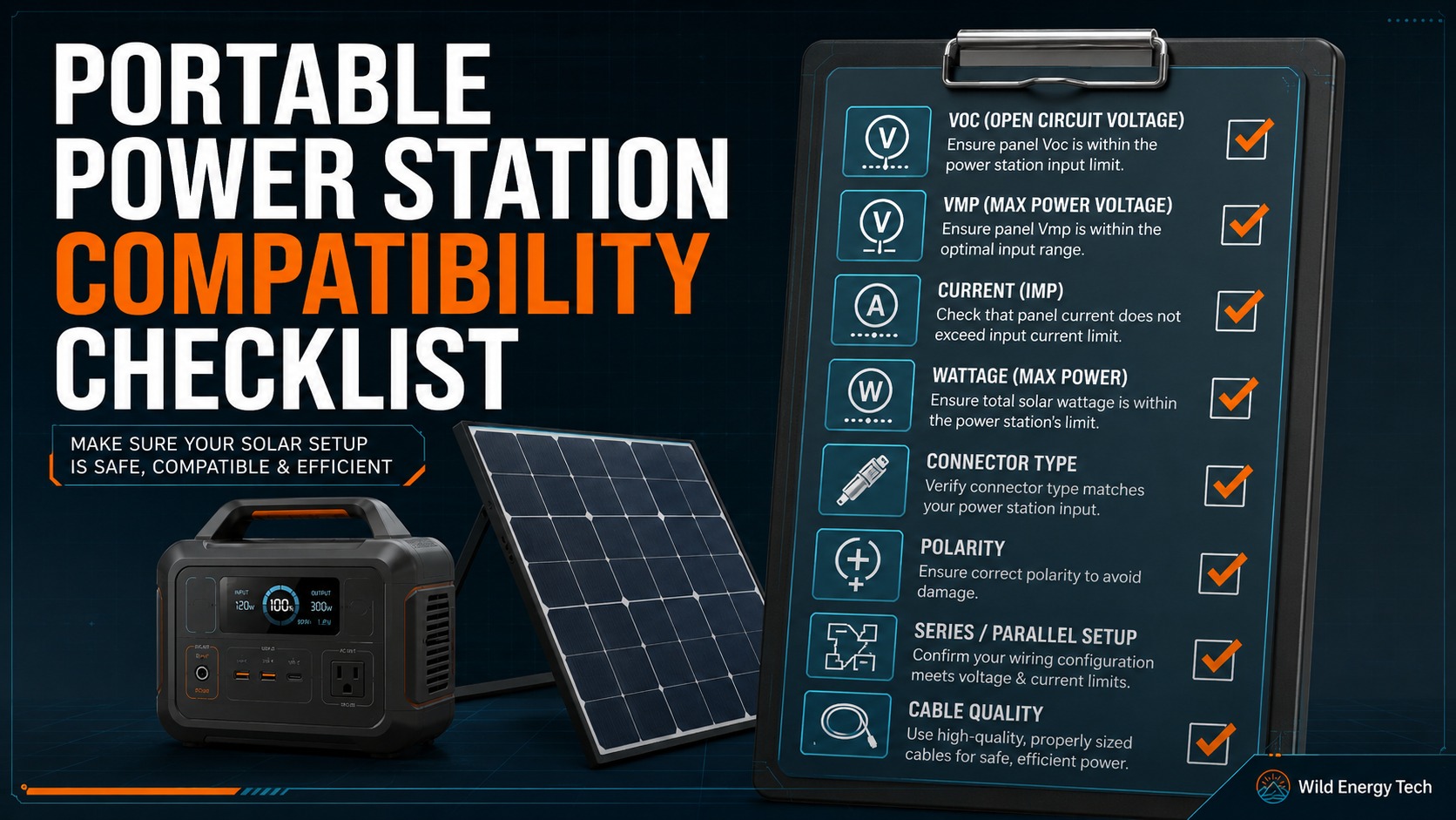 Portable power station compatibility checklist showing Voc, Vmp, current, wattage, connector type, polarity, cable quality and input limits