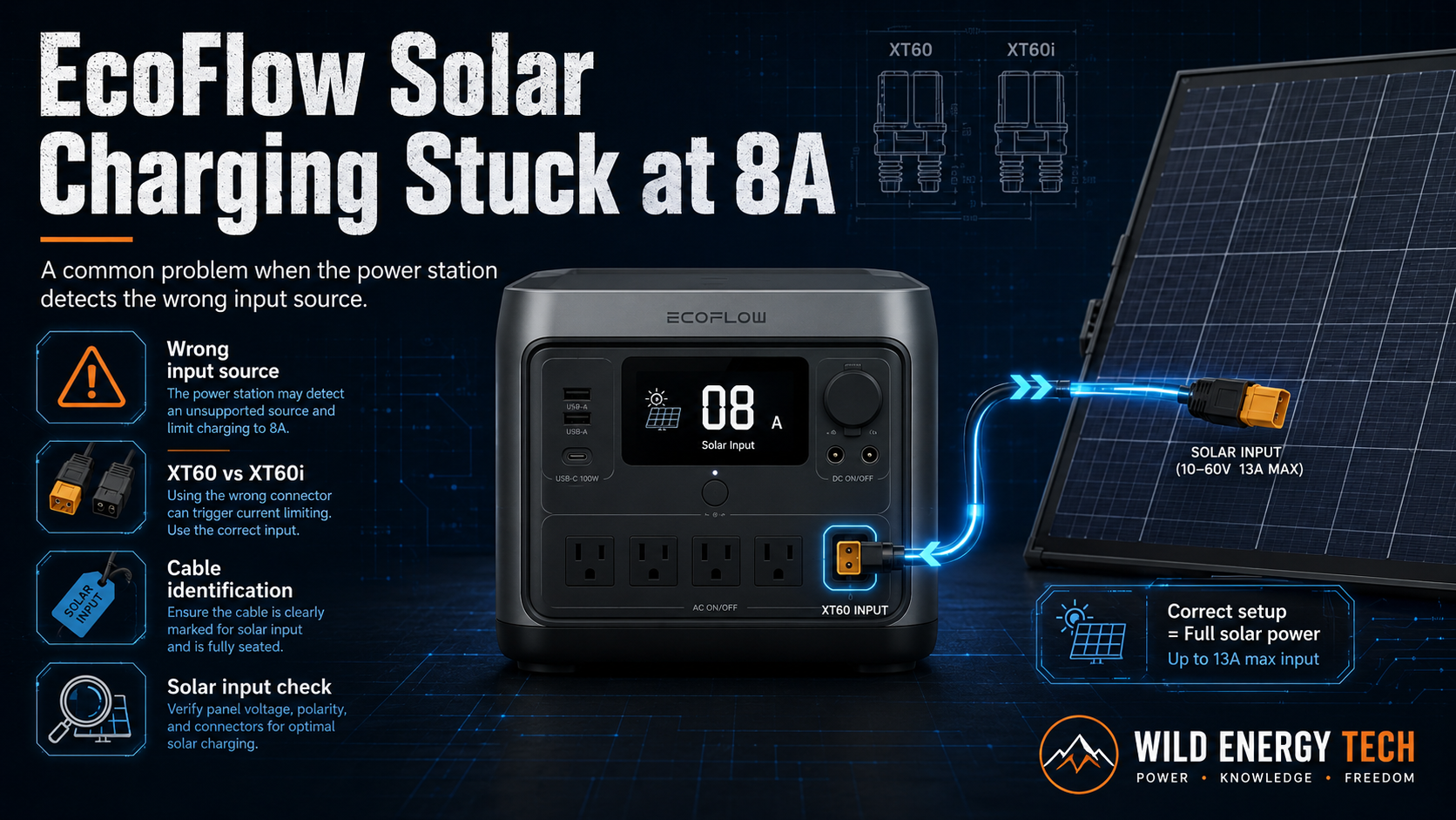 EcoFlow solar charging stuck at 8A guide showing XT60 vs XT60i input source detection problem