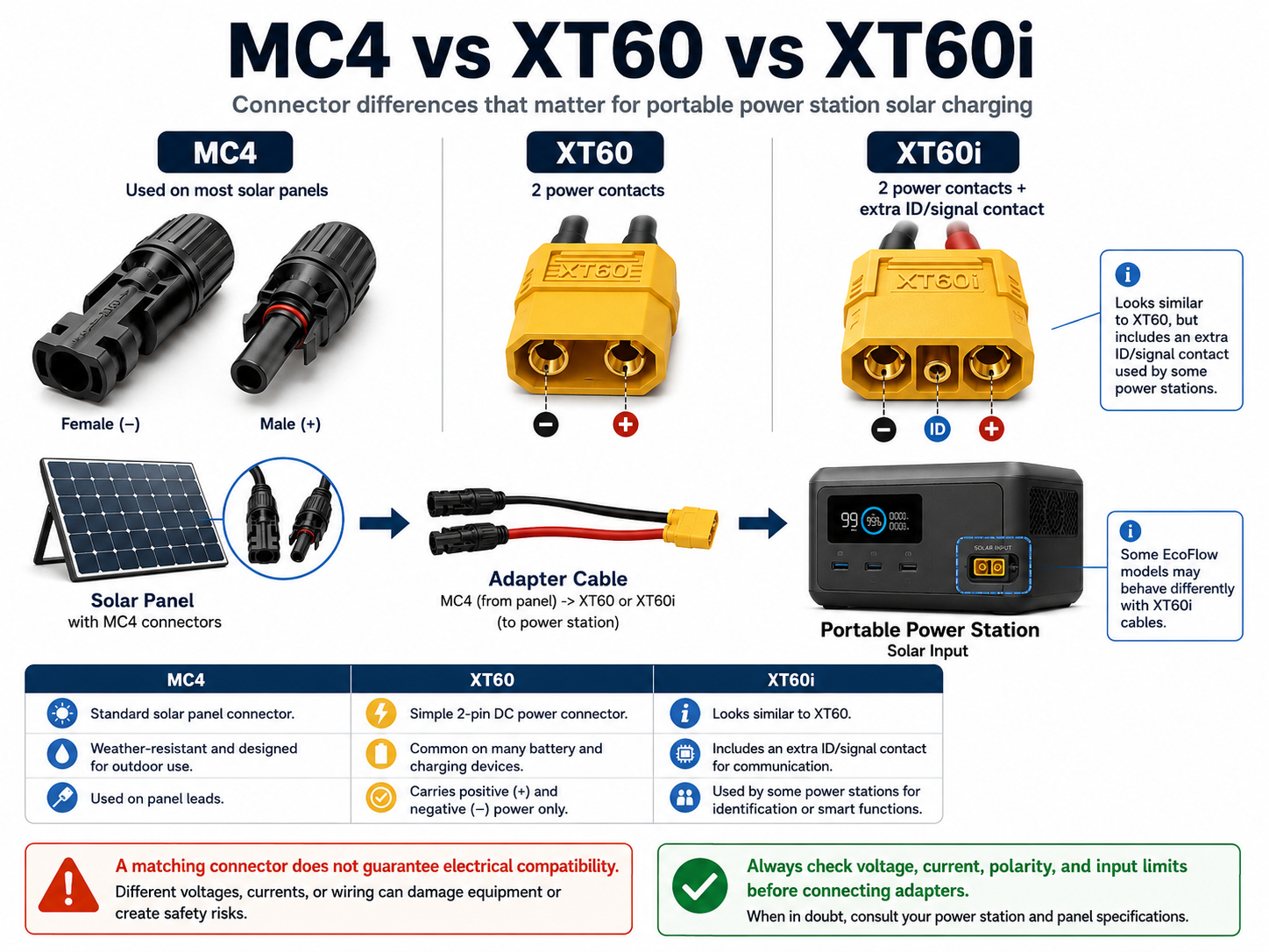 MC4 vs XT60i vs XT60 solar connector comparison for portable power stations