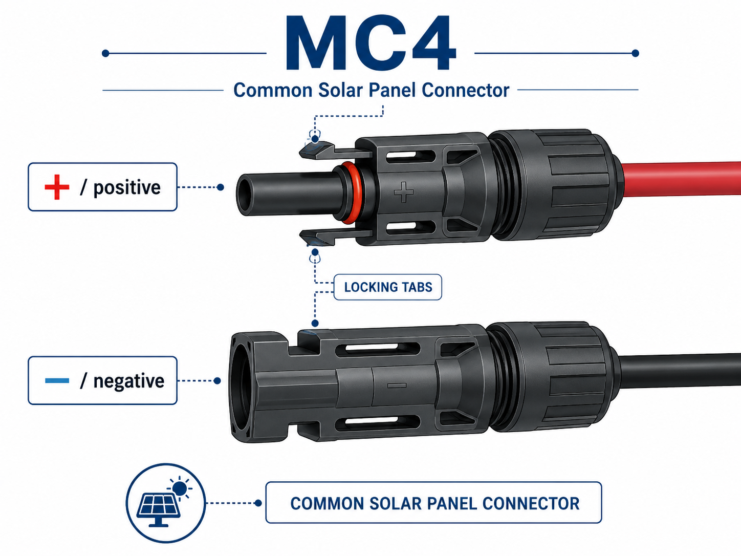 MC4 solar connector diagram showing positive and negative solar leads