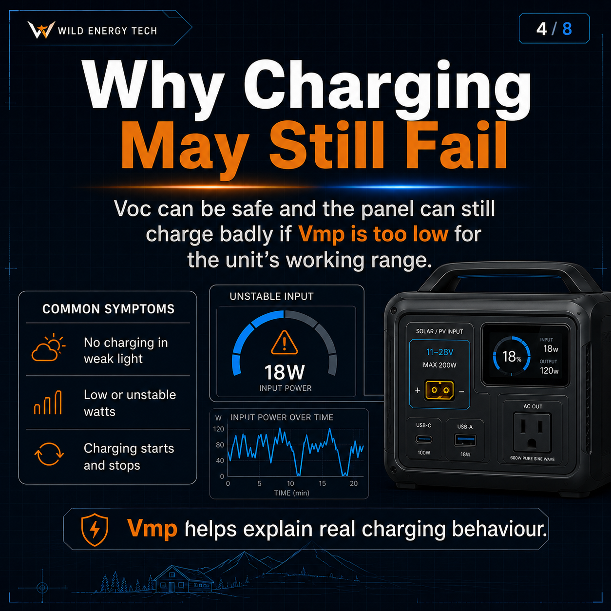 Voc vs Vmp carousel slide explaining why solar charging may still fail if Vmp is too low