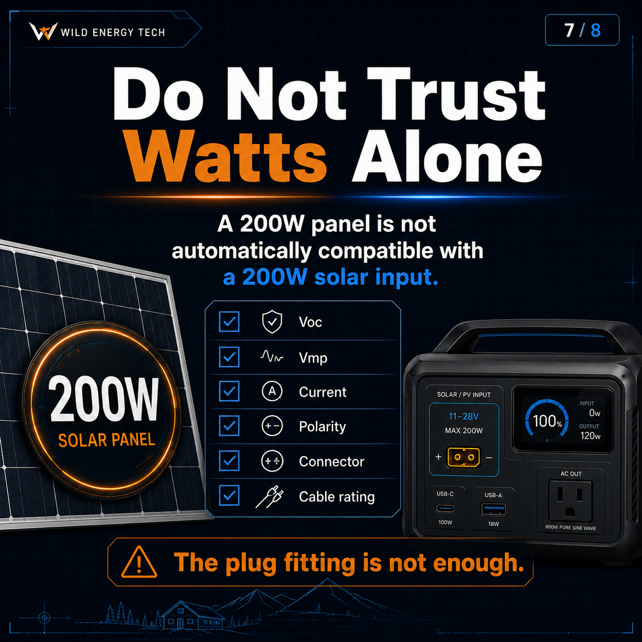 Voc vs Vmp carousel slide warning that watts alone do not prove solar panel compatibility