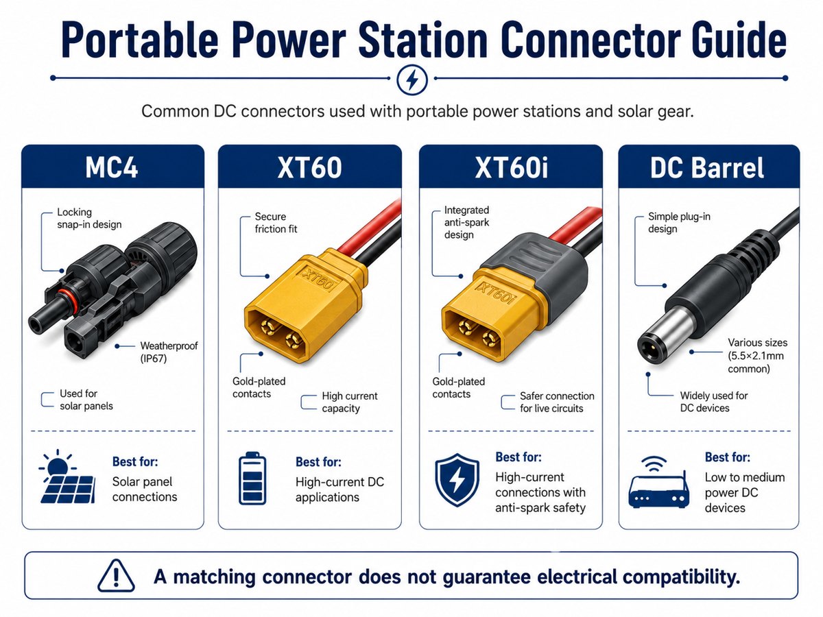 Portable power station connector guide showing MC4 XT60 XT60i and DC barrel connectors