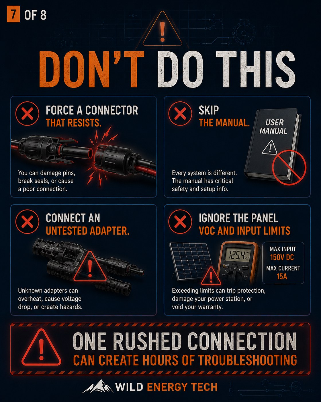 Solar connection mistakes to avoid including forced connectors untested adapters and ignored Voc limits