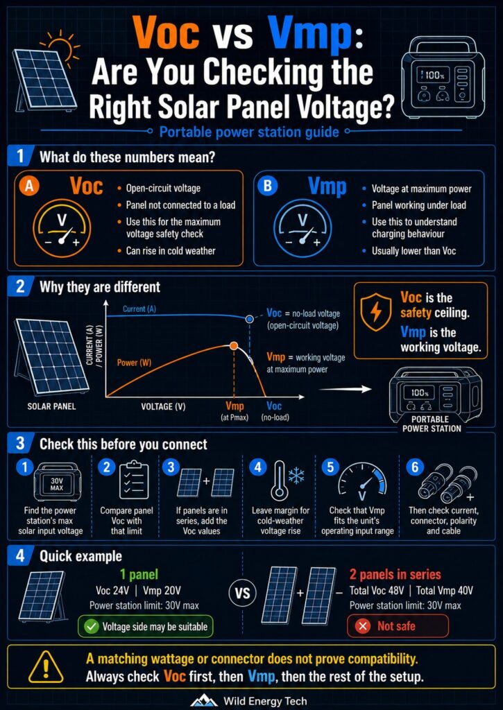 Voc vs Vmp solar panel voltage infographic showing how to compare open-circuit voltage, working voltage and portable power station input limits before connecting solar panels