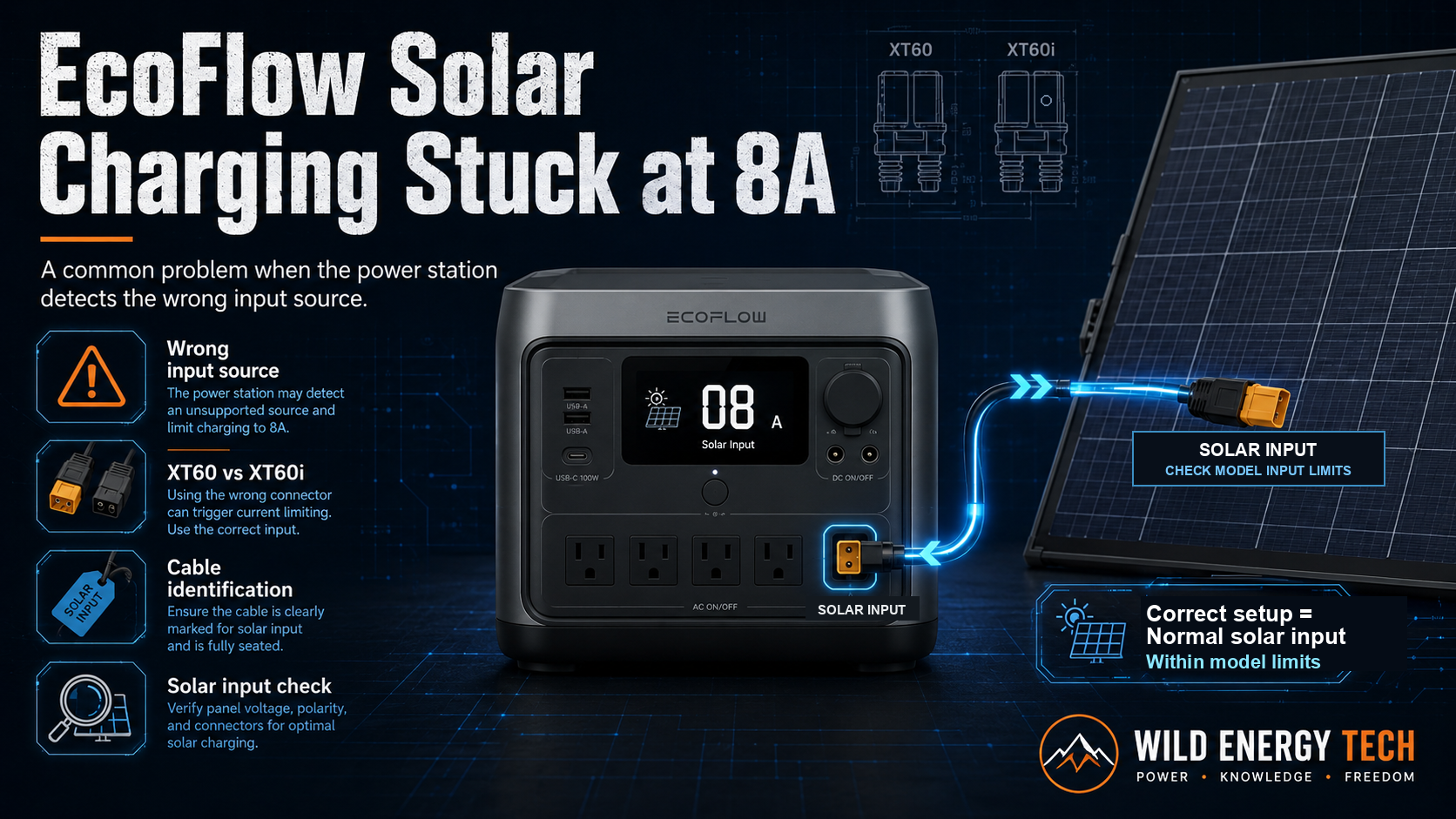 Simplified troubleshooting illustration of EcoFlow solar charging stuck at 8A, showing XT60 vs XT60i connector differences — not an actual measurement or a universal model specification