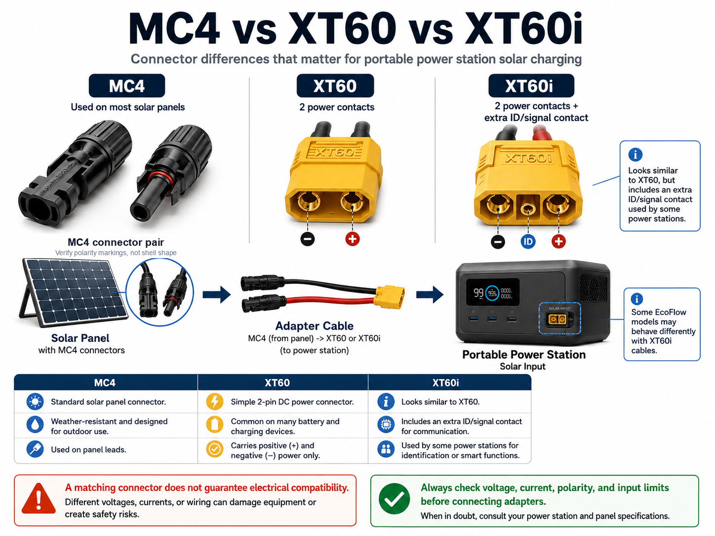 MC4 vs XT60i vs XT60 solar connector comparison for portable power stations, showing that MC4 polarity must be verified from markings and documentation rather than assumed from connector shape